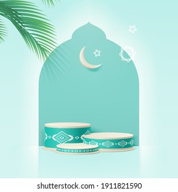 3d Islam minimal cylinder platform with dates leaf, Crescent moon, and stars. Product presentation, cosmetic, Podium, base, display, stage, pedestal or platform. 3d realistic vector