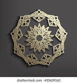 3D Islamic circular ornament of old gold or brass. Mandala made of metal. Architectural motif for the Arab pattern. 