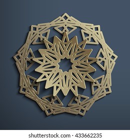 3D Islamic circular ornament of old gold. Mandala made of metal or wood. Architectural motif for the Arab pattern.