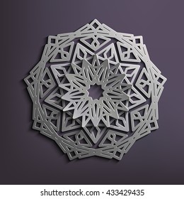 3D Islamic circular ornament of silver. Mandala made of metal. Architectural motif for the Arab pattern. 3D vector template for design East. 