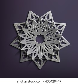 3D Islamic circular ornament of silver. Mandala made of metal. Architectural motif for the Arab pattern. 3D vector template for design East. 