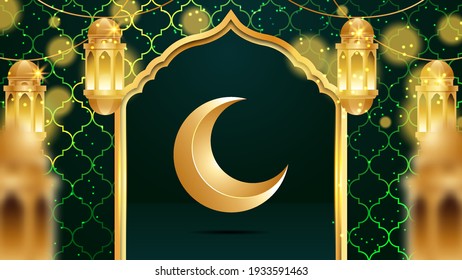 3D islamic display podium decoration background on green. Golden Islamic Lantern. amadan kareem, mawlid, iftar, isra miraj, eid al fitr adha, muharram. 3D Vector Illustration