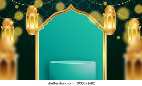 3D islamic display podium decoration background on green. Golden Islamic Lantern. amadan kareem, mawlid, iftar, isra miraj, eid al fitr adha, muharram. 3D Vector Illustration