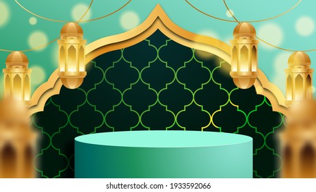 pantalla islamica 3D fondo de decoración de podio sobre verde. Linterna islámica dorada. amadan kareem, mawlid, iftar, isra miraj, eid al fitr adha, muharram. Ilustración de vectores 3D