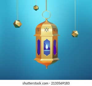 3d Islamic fanoos lantern with polyhedron shapes. Islam decor elements isolated on blue background. Suitable for Ramadan decoration.