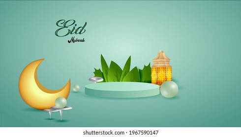 3d fondo de festival islámico. Plantilla de banner de Eid mubarak y ramadhan. 3.ª exhibición y publicidad de productos del festival islámico