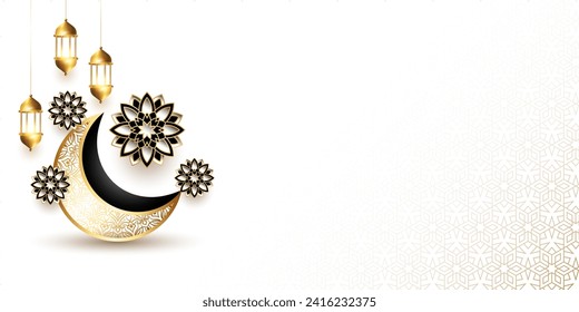 3d Islamic golden crescent moon ramadan kareem eid mubarak luxury gold empty horizontal background banner design. Translation. "Muslim fasting month and celebration day after fasting."
