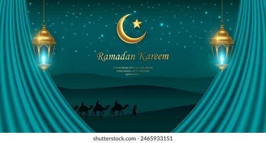 3D Islamic golden lantern star moon satin curtain decoration with desert landscape at night background. suitable for Ramadan, Raya Hari, Eid al Adha Islamic holiday