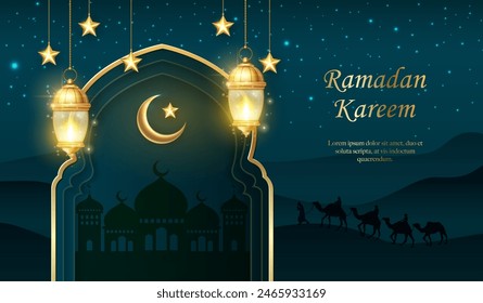 3D Islamische goldene Laterne Sterne Mond Dekoration mit Wüstenlandschaft in der Nacht Hintergrund. geeignet für Ramadan, Raya Hari, Eid al Adha Islamischer Urlaub