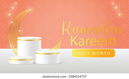 3d Islamic holiday banner design. Display 3 white podium with Ramadan lantern, golden moon and Arabic pattern .