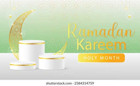 3d Islamic holiday banner design. Display 3 white podium with Ramadan lantern, golden moon and Arabic pattern .