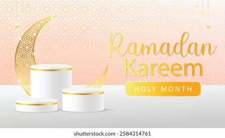 3d Islamic holiday banner design. Display 3 white podium with Ramadan lantern, golden moon and Arabic pattern .