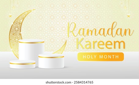 3d Islamic holiday banner design. Display 3 white podium with Ramadan lantern, golden moon and Arabic pattern .