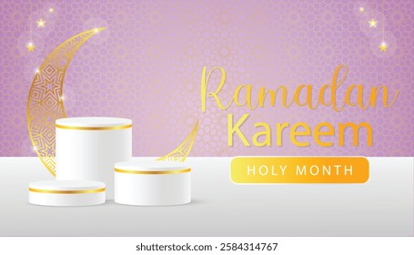 3d Islamic holiday banner design. Display 3 white podium with Ramadan lantern, golden moon and Arabic pattern .
