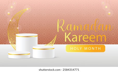 3d Islamic holiday banner design. Display 3 white podium with Ramadan lantern, golden moon and Arabic pattern .