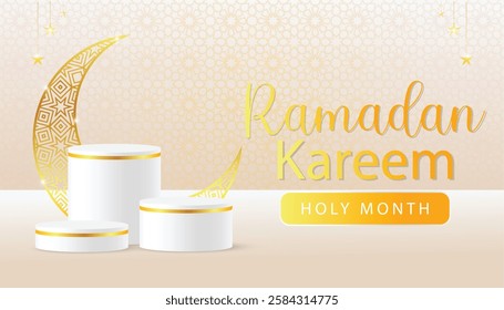 3d Islamic holiday banner design. Display 3 white podium with Ramadan lantern, golden moon and Arabic pattern .