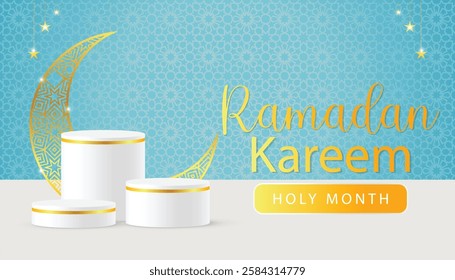 3d Islamic holiday banner design. Display 3 white podium with Ramadan lantern, golden moon and Arabic pattern .