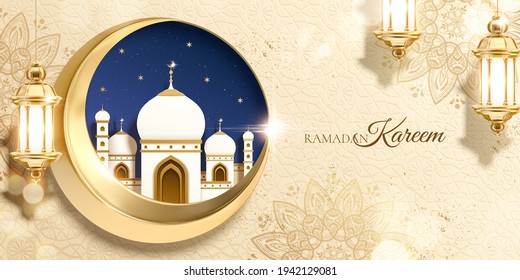 3d Islamic holiday celebration banner designed with metal crescent moon and paper cut mosque. Background suitable for Ramadan, Eid al-Fitr or Hari Raya.