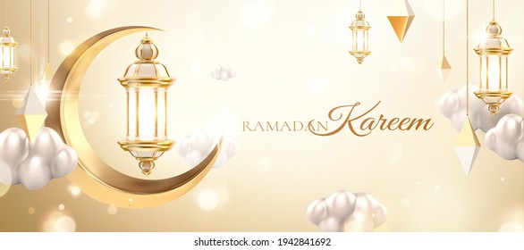 3d Islamic holiday celebration banner with metallic lanterns cloud and crescent moon decoration. Suitable for Ramadan, Eid al-Fitr or Hari Raya.