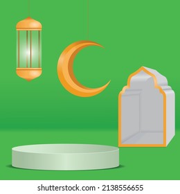 Se pueden usar decoraciones de 3d feriados islámicos para Ramadán, Eid al-Fitr, Eid al-Adha y Maulid. podio, farol luminoso, luna creciente y puerta de la mezquita en un elegante fondo verde