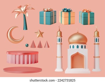 3d Islamic holiday element set isolated on pink background. Including palm tree, gifts, crescent moon, star, decorations, cylinder display podium, and mosque.