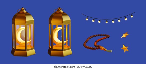 3D Islamic holiday element set isolated on blue background. Including crescent moon in lanterns, rosary, bulb ornament and stars.