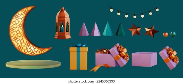 3D Islamic holiday element set isolated on Turkish blue background. Including crescent moon lamp, display disk, ornament, gifts, and geometric decorations.