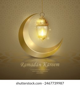 3D Islamische Laterne Halbmond mit goldenem Luxus Hintergrund. geeignet für Ramadan, Raya Hari, Eid al Adha Islamischer Urlaub