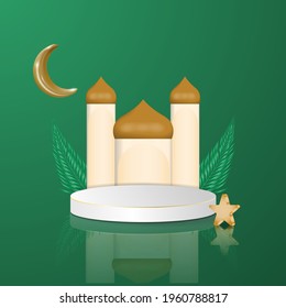 	
3d plataforma islámica de lujo con fondo verde con oro y hojas. Podio blanco para exposición de productos, presentación, cosmética, hierbas, miel, belleza y producto natural.