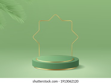 3d Islamic minimal platform in green background with gold and dates leaf. Podium for product display, presentation, cosmetic, herbal, honey, beauty, and natural product.