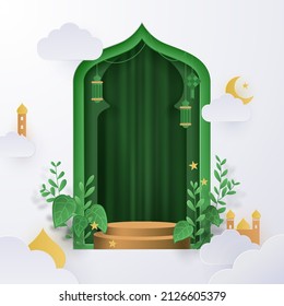 3d Islamic podium paper art theme for ramadan and islamic festivity with leaves, traditional lantern, mosque, clouds in green color for natural product display or presentation. realistic base vector