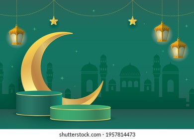 3D Islamic podium product display for Muslim festival with crescent moon, fanous lantern, mosque on green background. Ramadan kareem or Eid mubarak sale template. Flat vector illustration.