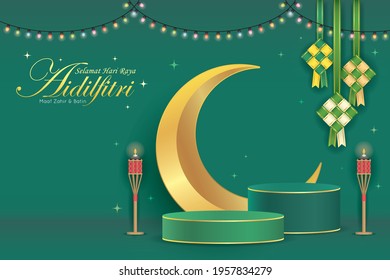 3D Islamic podium product display for Hari Raya with crescent moon,  ketupat, oil lamp on green background. Muslim festival sale template. Eid Mubarak vector illustration. (text: Fasting celebration)