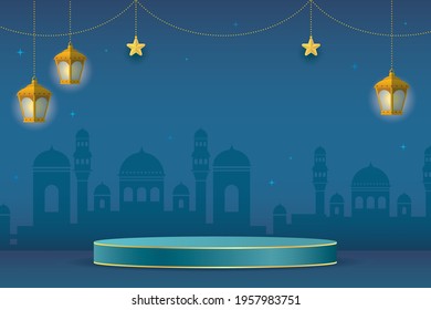 3D Islamic podium product display for Muslim festival with fanous lantern and mosque silhouette on blue background. Ramadan Kareem or Eid Mubarak sale template. Flat vector illustration.