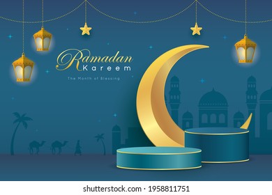 3D Islamic podium product display for Ramadan Kareem with crescent moon, fanous lantern, mosque on blue background. Muslim festival or Eid mubarak sale template. Flat vector illustration.