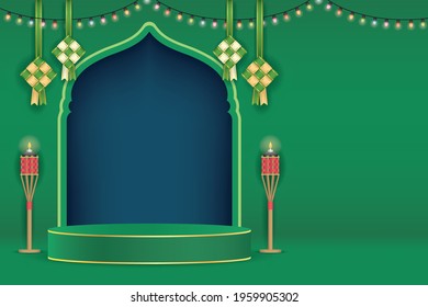 3D Islamic podium product display for Hari Raya with ketupat, pelita oil lamp and frame on green background. Muslim festival sale template. Eid Mubarak flat vector illustration.