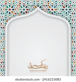 3d Islamic ramadan kareem eid mubarak arabic arch door frame luxury colorful pattern white background banner design. Translation. "Muslim fasting month and celebration day after fasting."