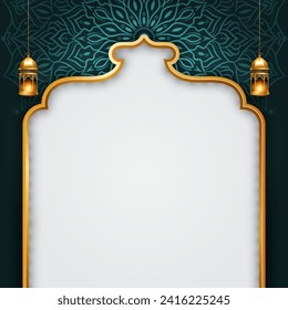 3d Islamic ramadan kareem eid mubarak golden arch door frame luxury pattern green background banner design. Translation. "Muslim fasting month and celebration day after fasting."