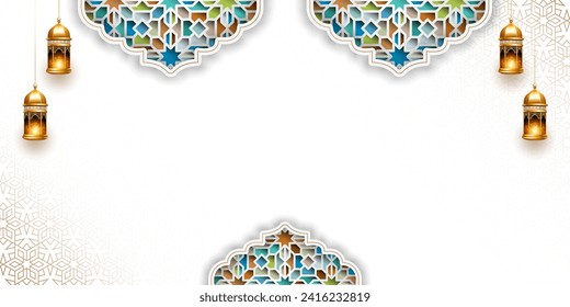3d Islamic ramadan kareem eid mubarak frame luxury colorful pattern white background banner design. Translation. "Muslim fasting month and celebration day after fasting."