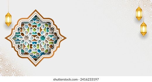 3d Islamic ramadan kareem eid mubarak frame luxury colorful pattern white background banner design. Translation. "Muslim fasting month and celebration day after fasting."