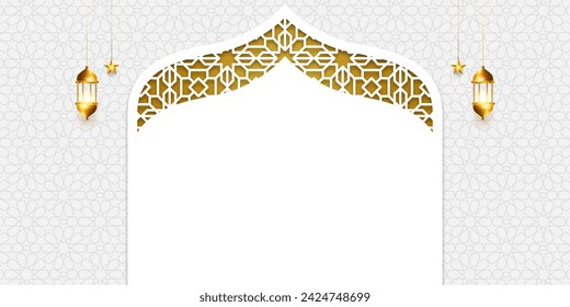 3d Islamic ramadan kareem eid mubarak white arch background banner design illustration. Translation. "Muslim fasting month and celebration day after fasting."