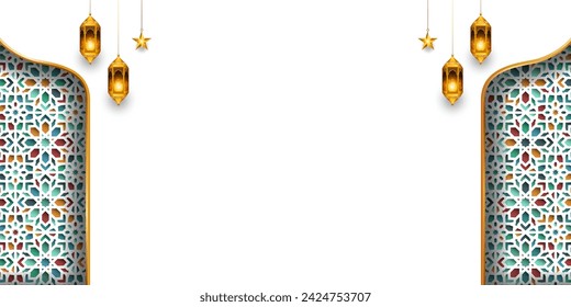 3d Islamic ramadan kareem eid mubarak arabic colorful pattern side arch luxury white background banner design illustration. Translation. "Muslim fasting month and celebration day after fasting."