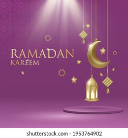 3d islamic ramadan square banner in purple color with gold lanter, crescent moon, ketupat, stars, and podium or stage or pedestal. Ramadan kareem banner for social media. Vector