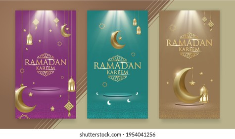 3d Islamic set vertical banner for ramadan kareem in purple, green, and gold background with crescent moon, lanter, stars, ketupat, islamic pattern. for social media story