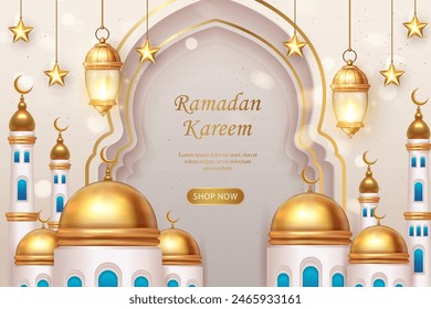 3D Islamic traditional architecture building lantern and star with curve arch background. suitable for Ramadan, Raya Hari, Eid al Adha Islamic holiday