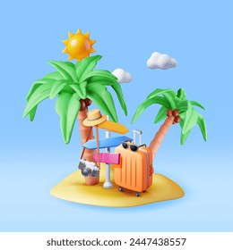 3d Island with Travel Bag, Palm Tree and Pointer. Render Photo Camera, Suitcase and Tropic Shore. Travel Element. Holiday or Vacation. Summer Transportation Concept. Vector Illustration