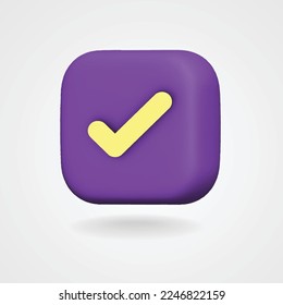 3d Isolated Check Mark Icon. Yellow Select Agree on Purple Checkbox with Shadow. Vector Illustration.