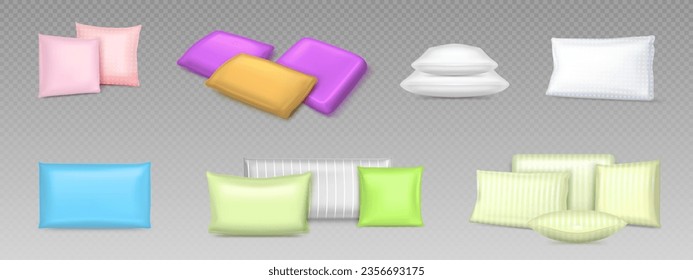 3d isolated color bed pillow stack vector mockup. Inflatable and soft square shape cushion pile. Fabric orthopedic pillowcase template in purple and blue set. Puffy satin or cotton bedroom object