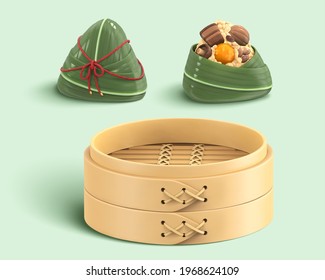 3D isolated elements of Duanwu Festival. Including wrapped, unwrapped rice dumpling and a bamboo steamer