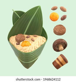 3D isolated elements of Zongzi stuffing for Duanwu Festival. Ingredients include peanuts, salted egg yolk, chestnut, shiitake, pork belly, and a unwrapped rice dumpling